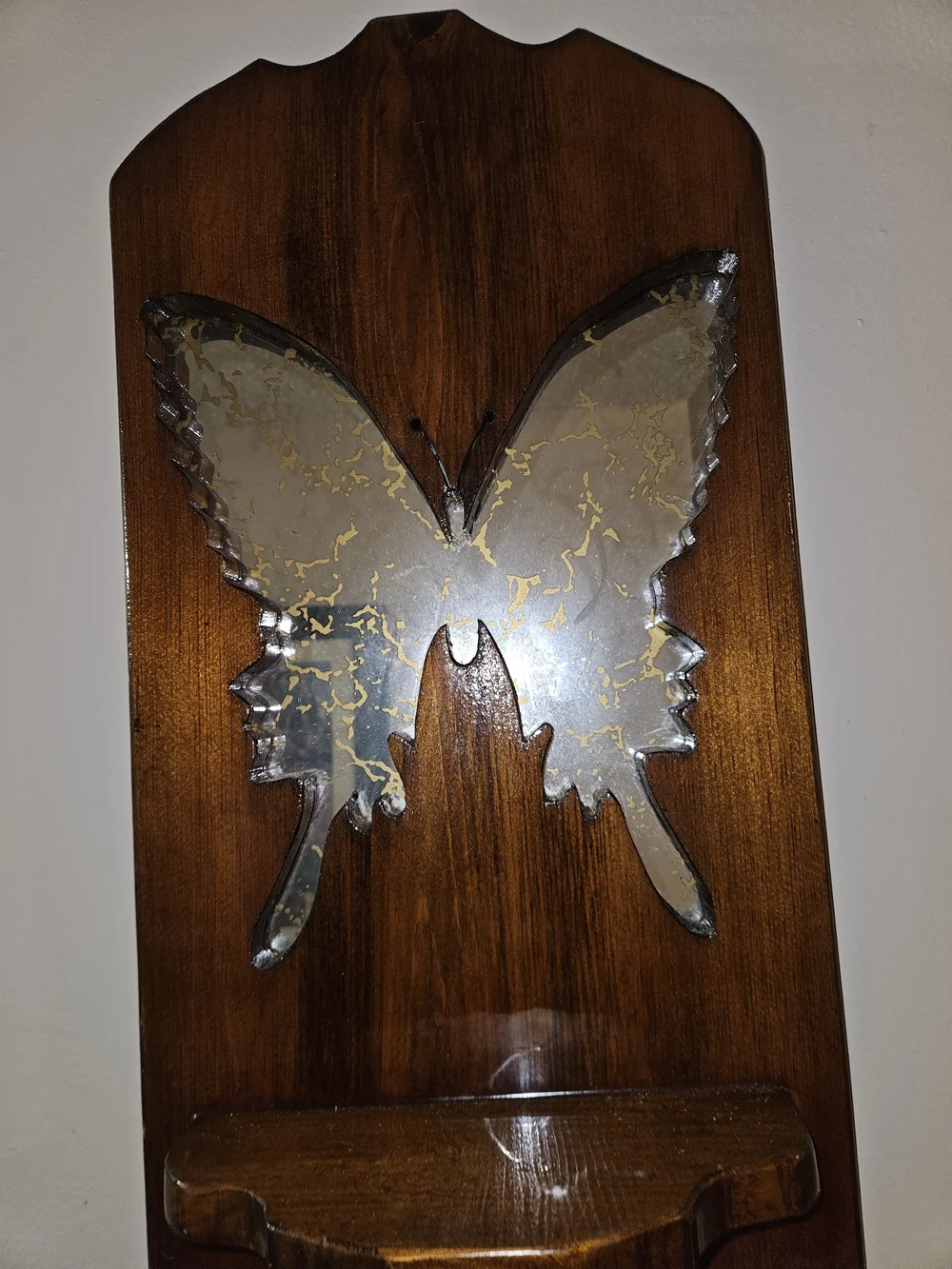 Vintage Stained Wooden Butterfly Mirror Wood MCM Shelf Midcentury Modern